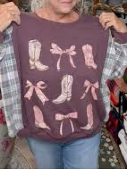 Altar'd State Arula Boots And Bows Graphic Sweatshirt Western Brown X 0x — image 3 of 8
